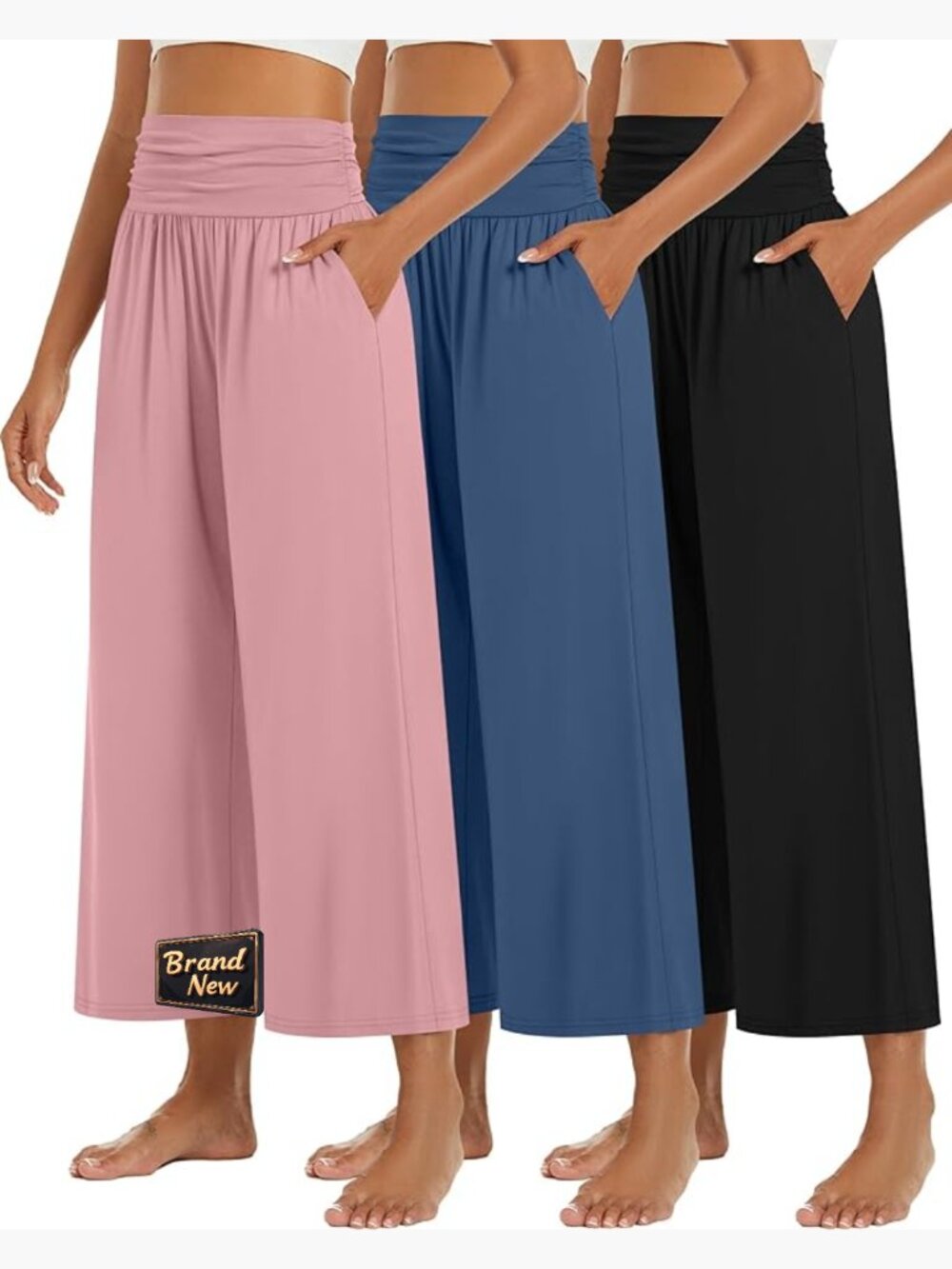 3 Pack Wide Leg Pants High Waist Loose Casual Cropped Capri with Pockets